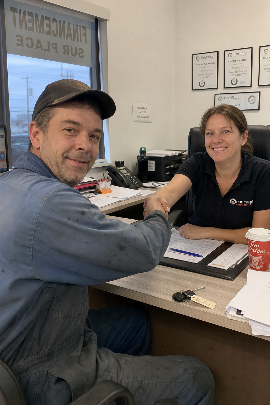 Client québécois recevant ses clés au concessionnaire