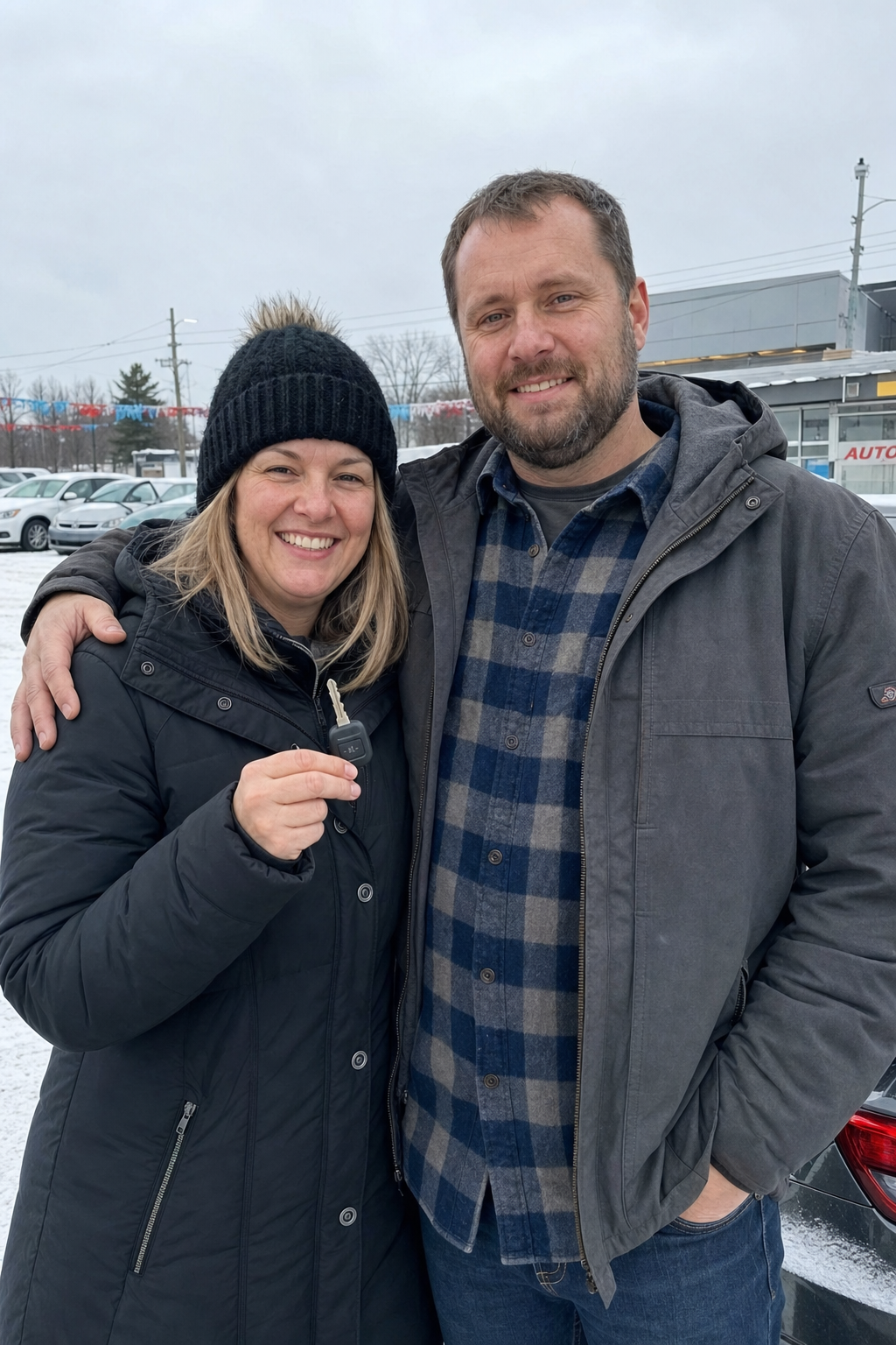 Couple québécois devant leur SUV usagé