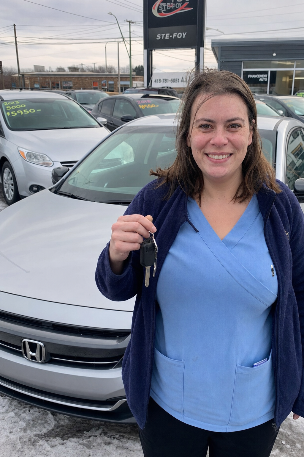 Cliente québécoise recevant ses clés devant son auto usagée chez un concessionnaire